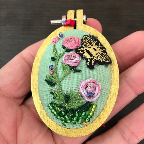 Hand Crafted Other - Original roses bee embroidery collectible miniature mixed media by Artettina